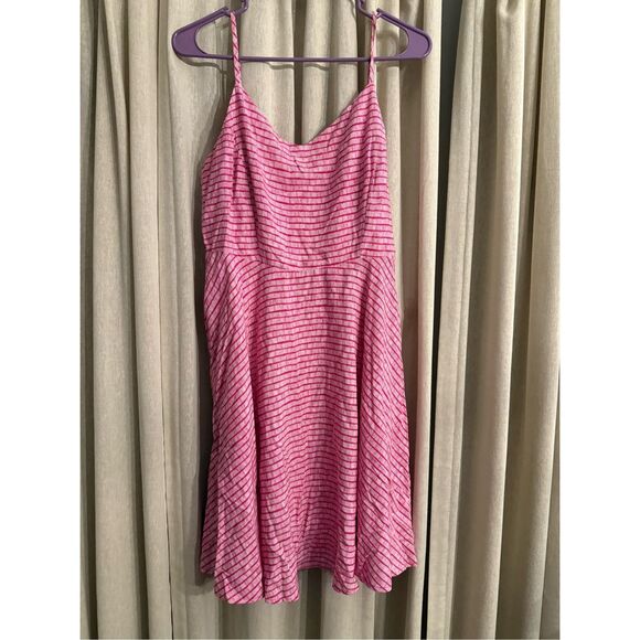 Old Navy Pink Fit Flare Cami Sun Dress Smocked Adjustable Straps Zipper Size L - Picture 1 of 7
